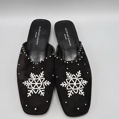 Michael Simon Snowflake Bead & Fabric Black Slip On Slide Shoes Women's Size 7 • $40
