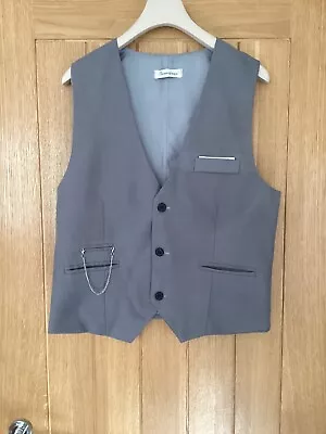 Juanyuan Men’s Waistcoat Light Grey 4 Detailed Pockets & Chain 39” Chest • £7.99