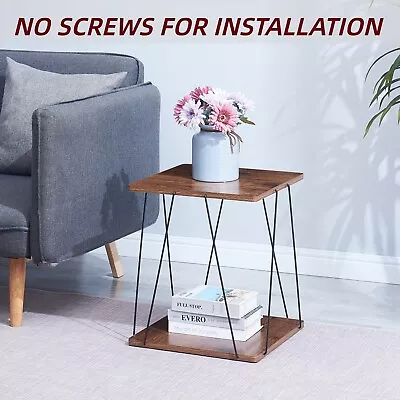 Square Retro Brown MDF Board Side End Table Metal Frame NO SCREWS Installation • $15.99