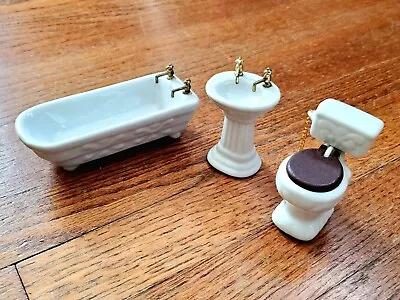 VTG Doll House Miniatures Ceramic Bath Set Tub Pedestal Sink Pull Chain Toilet  • $18