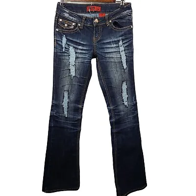 Zanadi Vintage Low Rise Boot Cut Dark Wash Distressed Jeans Womens 5 • $19.99