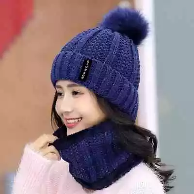 Women Knit Beanie Hat Scarf Set Thermal Fleece Neck Warm Pom Pom Winter Ski Cap • £19.29