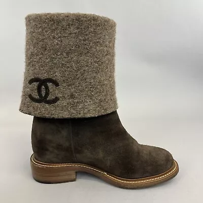 Chanel Brown Suede Fold Down Wool MidCalf Pull On Hidden Wedge Boots UK5.5 READ* • £291.96