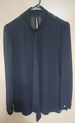 Zara Trafaluc Shirt Top Womens Medium Black Sheer High Neck Tie Front  • $19.99