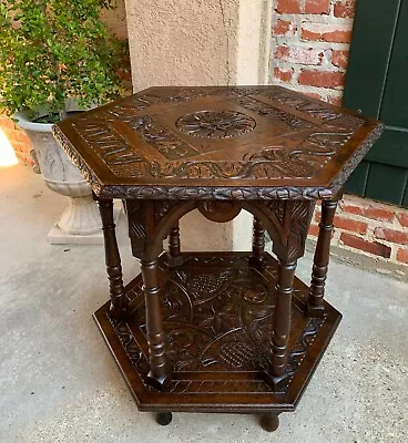 Antique French Carved Oak Center Side Table Hexagon Two Tier Shelf 19th Century  • $2285