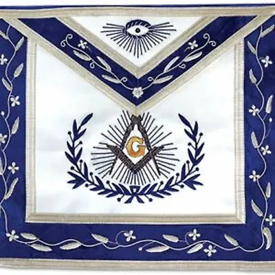 Masonic Past Master Mason Embroidered Border Lambskin Apron [Blue & White] • $75