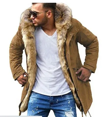 Men's Coats Winter Warm Hooded Padded Jackets Parka Faux Fur Collar Mid Length • $68.12