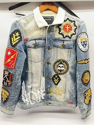 REASON NY Denim Jean Patchwork Jacket Men's Streetwear Size Medium Patches • $89.99