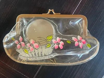 Vintage 1950s Clear Lucite Childs Vanity Brush Mirror Comb Set In Purse USA Made • $14.99