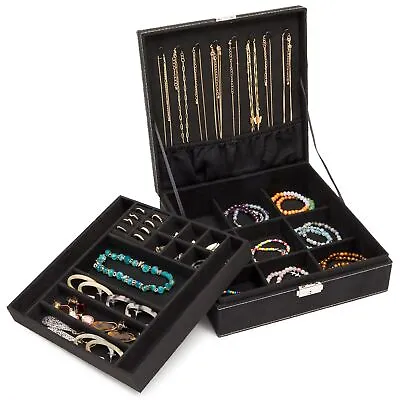 Velvet Jewelry Box Organizer With Lock - 2 Layer Travel Case Jewelry Storage • $25.49