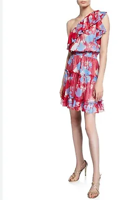 Shoshanna Kiya Kelaa Rose-Print Silk One-Shoulder Smock-Waist Ruffle Dress Sz 6 • $65