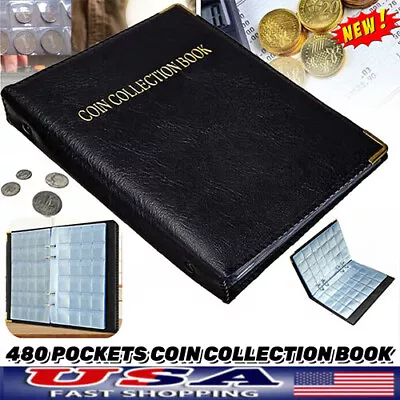 480Pockets Coin Collection Storage Book Album Money Holder Coins Folder Leather • $13.99