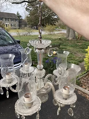 Beautiful 5 Arm Vintage Crystal Chandelier Glass Arms Etched Chimneys 40 Prisms • $275