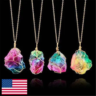 Natural Rainbow Stone Crystal Chakra Rock Chain Quartz Pendant Necklace Jewelry~ • $3