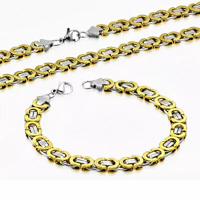 Stainless Steel Silver-Tone Yellow Gold-Tone Necklace Bracelet Mens Jewelry Set • $24.99