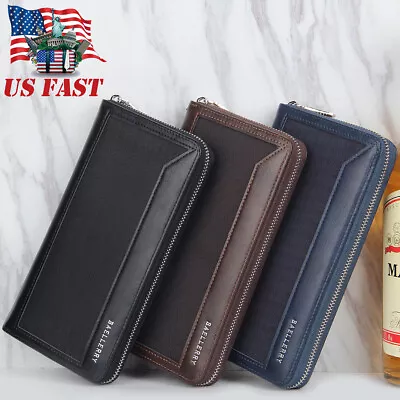 Leather Long Wallets For Men Zip Around Checkbook Cash Credit Card Holder Wallet • $13.60