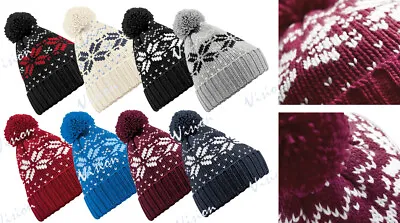 Snowstar Beanie Bobble Hat. Fair Isle Pattern. Warm Ski Winter Unisex Beanie Hat • £7.50