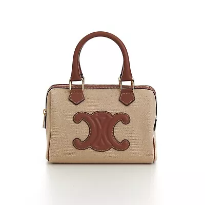 CELINE 2450$ Small Boston Cuir Triomphe In Natural Textile & Tan Brown Calfskin • $2082.50