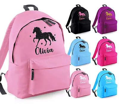 Personalised School Backpack Girls Horse Riding Rucksack Glitter Kids Bag • £9.99