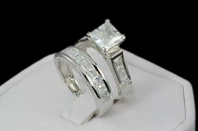 14k White Gold Plated Princess Lab Created Diamond Engagement Ring Wedding Set • $182