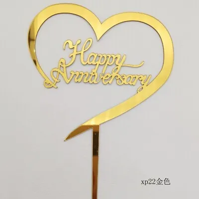 Acrylic Cake Topper Happy Anniversary Wedding Gold Cake Decoration Love Heart • £2.79