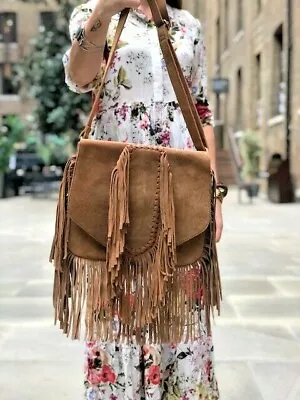 £69.99 • Buy Hippie FRINGE LEATHER BAG Ethnic Tassel Boho Tan Western Vintage Native Festival