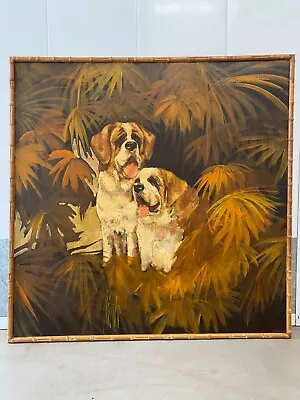 🔥 Vintage Mid Century Modern Tiki Tropical Saint Bernard Dog Oil Painting 1960s • $1350