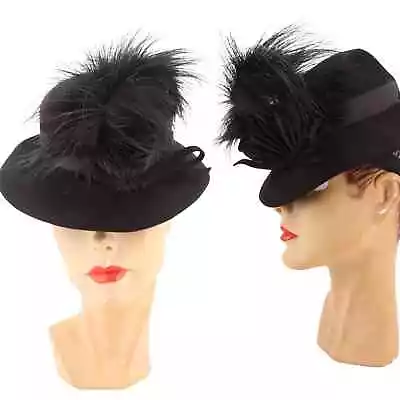 40s Vintage Hat NY CREATIONS Black Feather Fedora Tilt Cocktail Fascinator 30s • $98