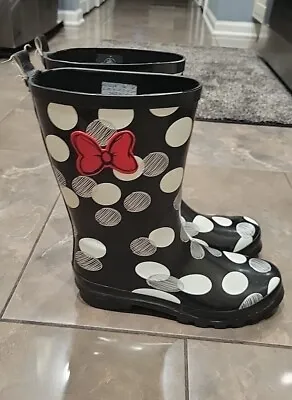 Disney Minnie Mouse Adult Rain Boots Black White Grey And A Red Bow Size 8 • $32.99