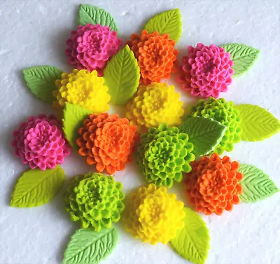 Edible Bright Flowers With Edible Leaves Birthday Cake Toppers Decorations.  • £7.95