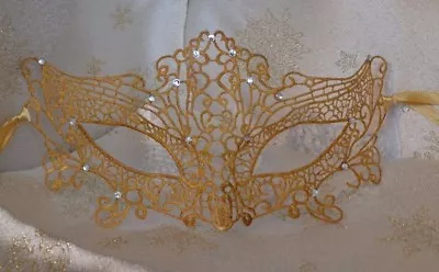 £13.75 • Buy Gold Masquerade Mask Diamante Satin Ribbons Christmas New Year 2021 Masked Ball