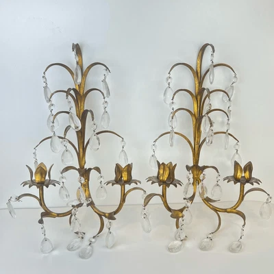 $295 • Buy Vintage Gilt Candle Sconces Italian Tole & Crystals Candelabra Set Of 2