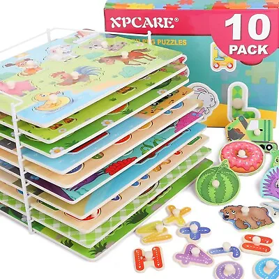 $22 • Buy XPCare 10Pk Wooden Peg Puzzles W/storage Rack, Made W/out Harmful Substances