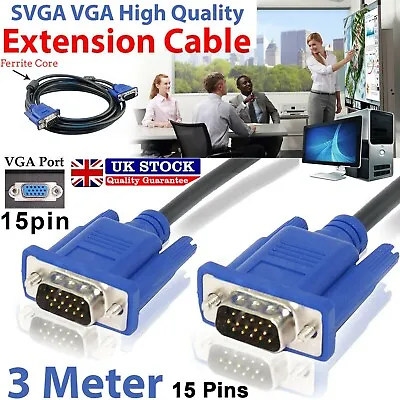 £3.49 • Buy 3 Metre Vga/svga 15 Pin Male To Male Pc Monitor Tv Lcd Led Tft Cable Lead