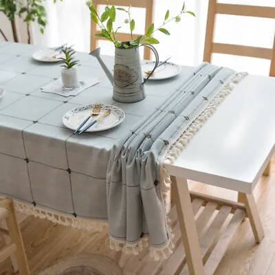 Cotton Linen Plaid Tablecloth Tassel Rectangle DiningTable Cloth Dust Cover • £16.55