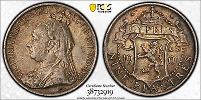 British Cyprus 1901 Victoria Nine Piastre 9 Piastre. PCGS XF 45. • $199