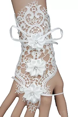 Cute Women White Lace Silk Tie Hand Glove Bracelet Wedding Jewelry Flower Bridal • £30.95