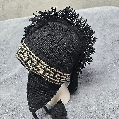 Nepal Wool Beanie Hat Trapper Cap Mohawk Tassel Ends Black Pattern Knit New NWT! • $22.99