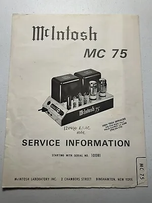 McIntosh MC75 MC-75 Tube Power Amplifier Amp Service Information Original Manual • $24.99