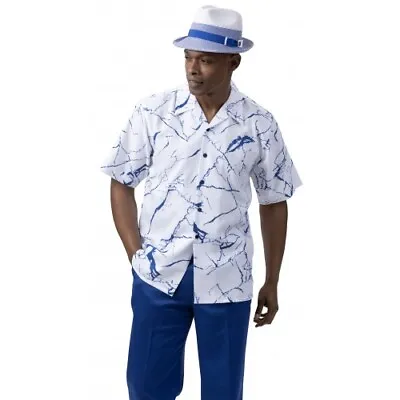 New Montique 2 Pc Walking Suit Short Sleeve Set White Royal Blue 3XL 44 Waist • $79.95