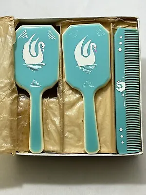 SWEET VTG Baby VANITY SET Boars Hair Brush Hand Mirror Comb Box CELLULOID Swans • $18.95