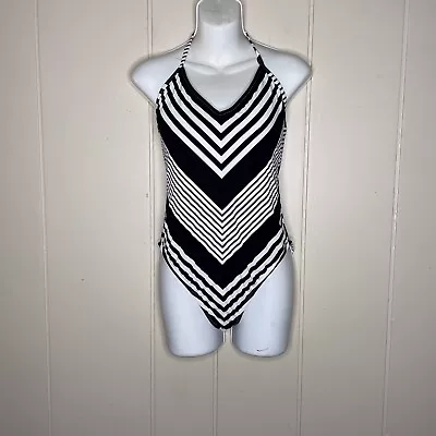 La Blanca Fine Lines Chevron V Neck Halter One Piece Swimsuit Black White Sz 10 • $21