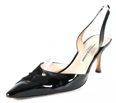 MANOLO BLAHNIK Black Patent Leather & Suede Pointed-Toe High Heels Slingbacks 40 • $128