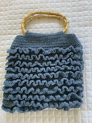 Vintage Crochet Purse Handbag Handmade Removable Wood Handles Blue Boho Hippie • $8