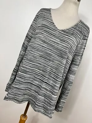 Pure J Jill L Large Shirt Top Gray Black Stripe V Neck Kangaroo Pocket L/S R6 • $34
