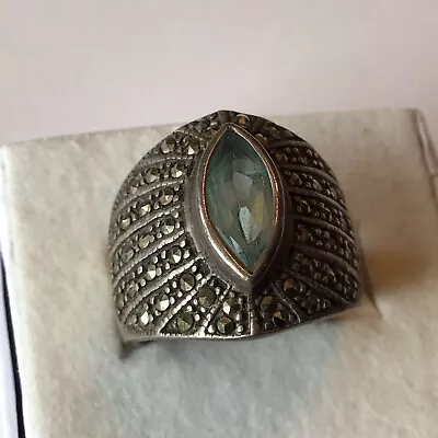 Art Deco Sterling Silver Aquamarine & Marcasite Ring Size 7.75 • $65