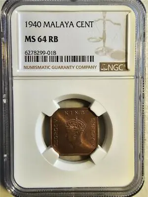 Malaya 1 Cent 1940 NGC MS 64 RB • $80