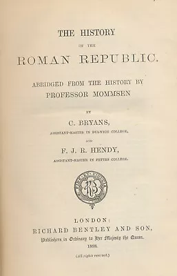 The History Of The Roman Republic  From Mommsen By Bryans & Hendy 1888 First Ed • $37.34