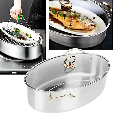 Large Capacity 304 Stainless Steel Oval Fish Steaming Pot Set Home Cooking AU • $136.92