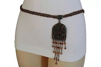 Women Hip Waist Fashion Brown Bead Wrap Tie Belt Vintage Gold Metal Charm M L XL • $14.50